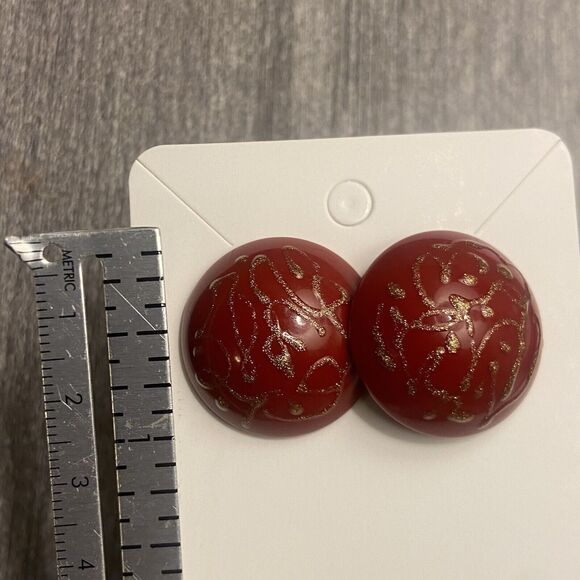 Vintage Avon Earrings Red Gold Splatter Sparkle Round Pierced Holiday 80s 1” - Picture 6 of 7